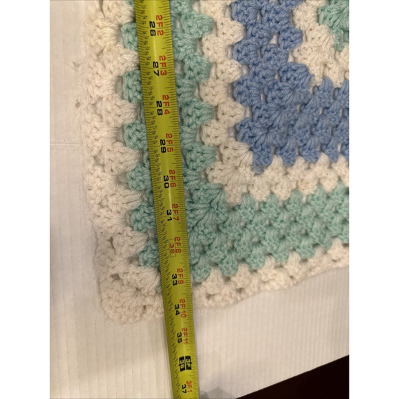 Vintage 34”Handmade Crocheted Baby Blanket-Blue/Grn/Yellow/Whi Beautifully made - Picture 3 of 7